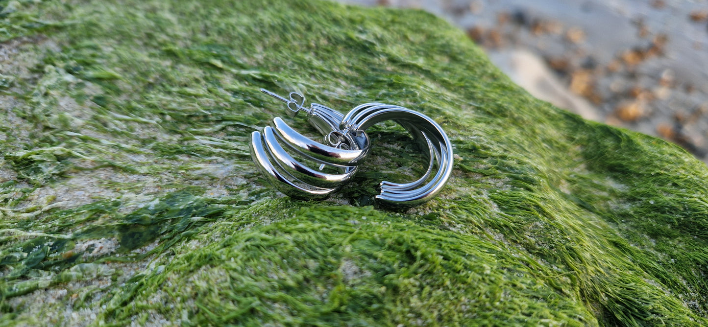 Stainless Steel stud triple hoop earrings