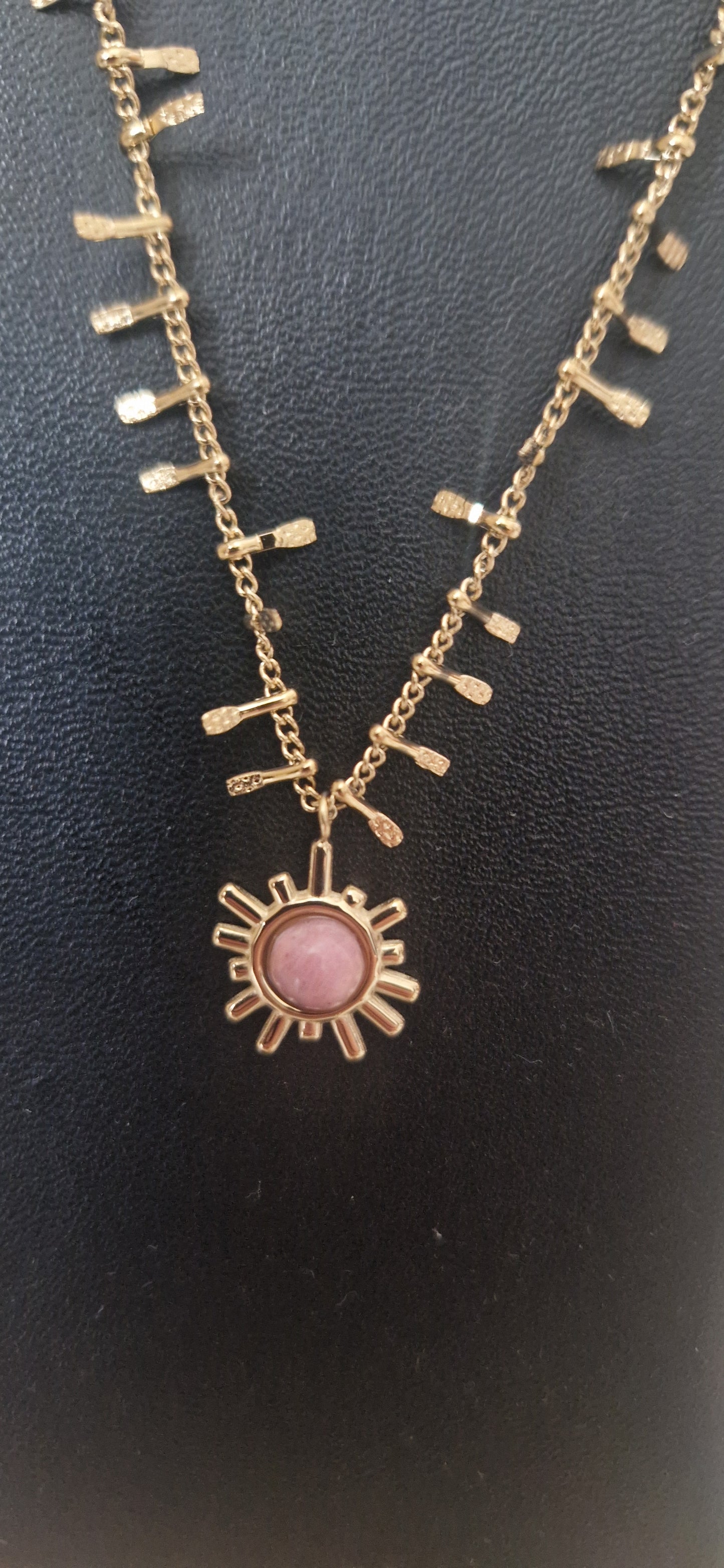 Gold-Toned Stainless Steel Necklace with Pink Sunburst Pendant