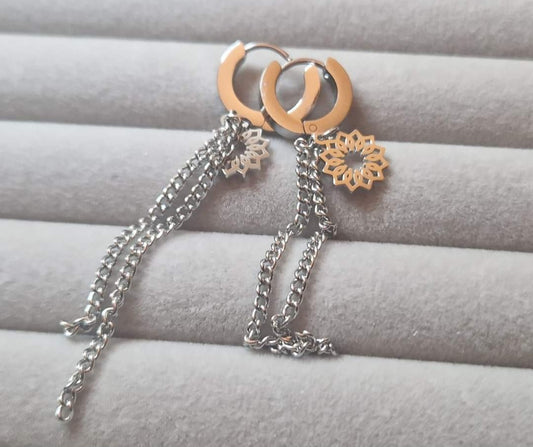 Beautiful stainless steel double chain and flower earrings